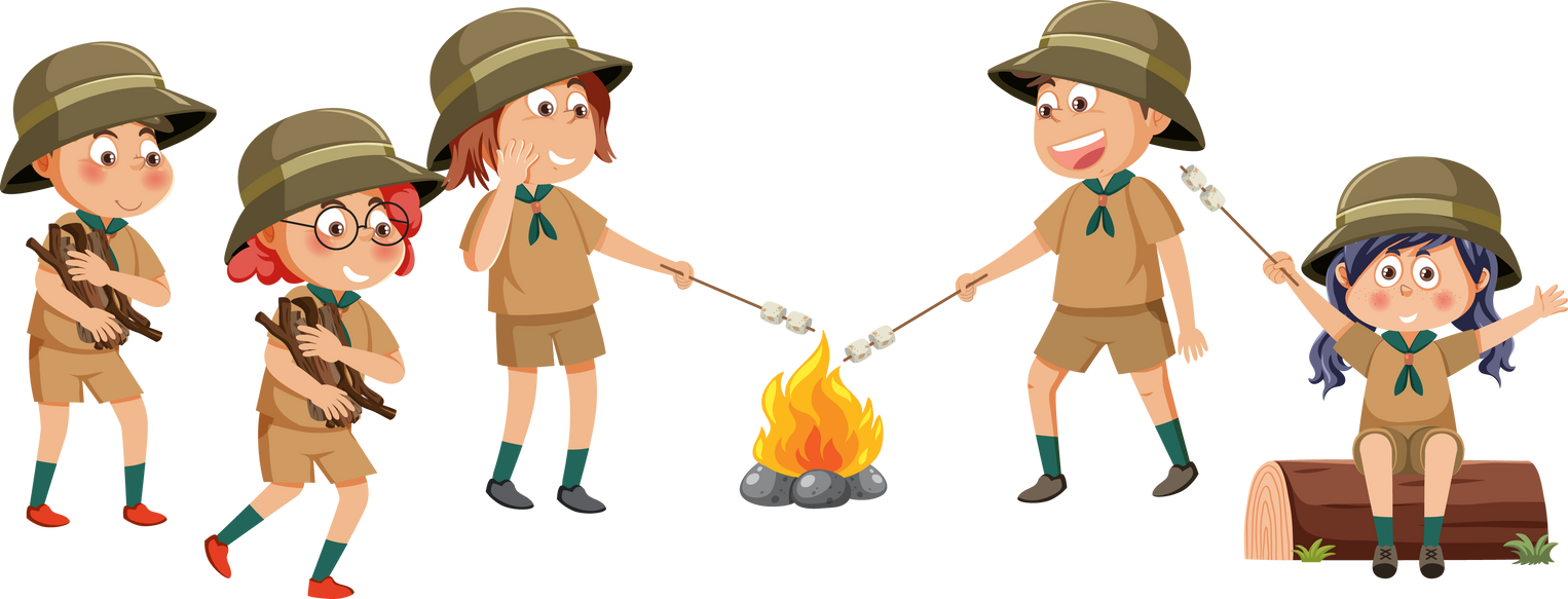 Scout Kids Cartoon Characters around Bonfire